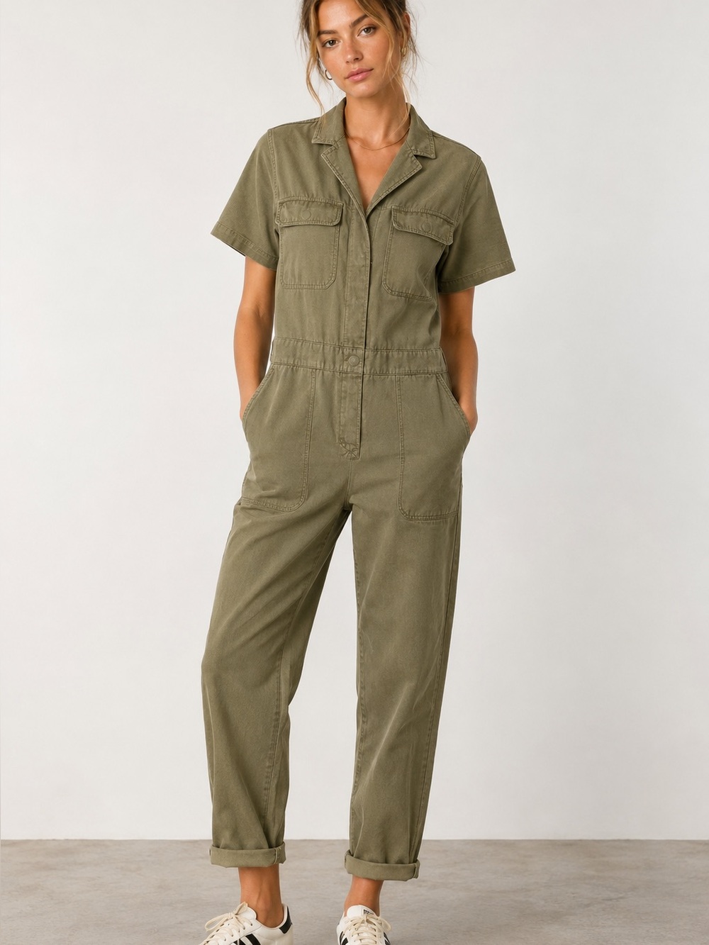 BDG Urban Outfitters Lizzy Olive Utility Coverall Jumpsuit S Short Sleeve